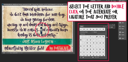 Photoshop, selecting Alternates and Ligatures from the Glyphs panel